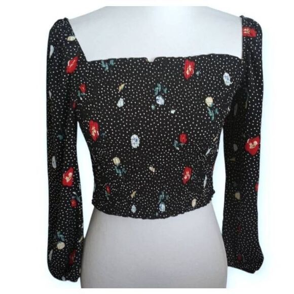 ABERCROMBIE & FITCH SMOCKED BLACK FLORAL WHITE POLKA-DOT CROP TOP SZ.XS EUC. - Picture 1 of 6
